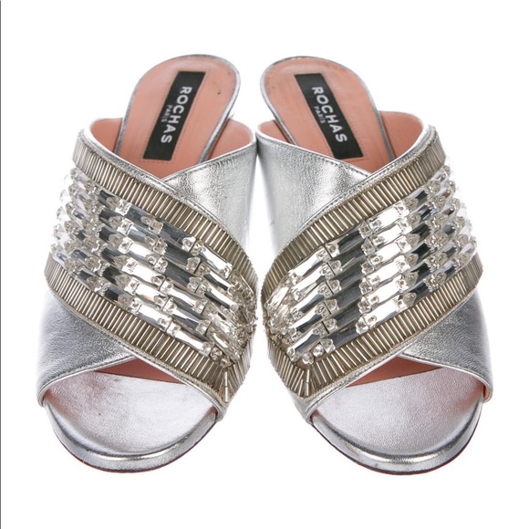 ROCHAS Leather Crystal Embellishments Slides - Picture 2 of 5